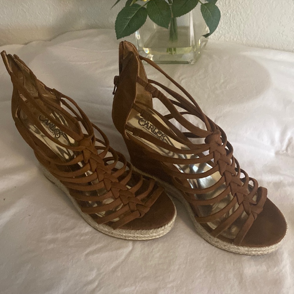 Carlos by Carlos Santana brown colored wedges.